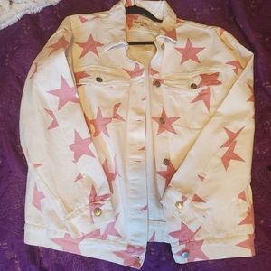 WHITE DENIM JACKET- PINK STARS